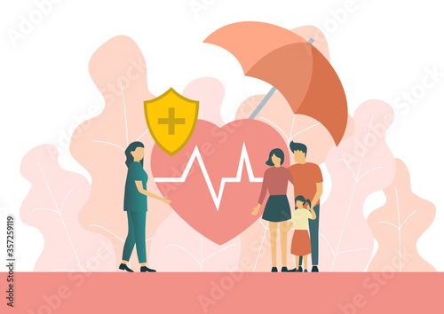 Family Health Insurance Flat Vector Concept. Parents with Child Taking Policy From Agent or Insurance Company Manager. Life Safety and Medical Care Guarantee.