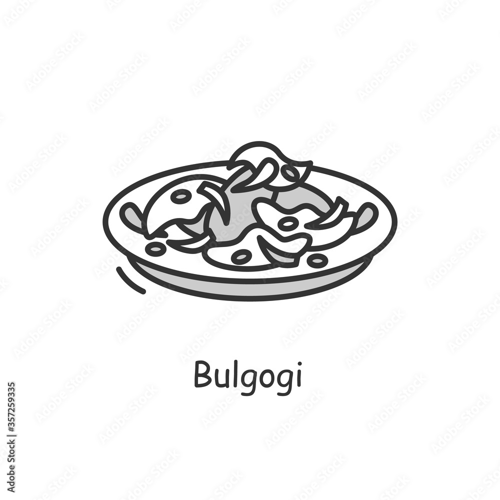 Bulgogi icon. Traditional korean fried beef outline sign on white. Asian food of beef marinated and grilled with rich meaty taste. Korean cuisine concept. Thin line vector illustration.Editable stroke Bulgogi icon. Traditional korean fried beef outline sign on white. Asian food of beef marinated and grilled with rich meaty taste. Korean cuisine concept. Thin line vector illustration.Editable stroke