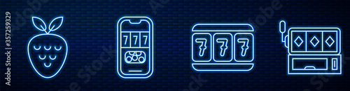 Set line Slot machine with lucky sevens, Casino slot machine with strawberry, Casino poker tournament invitation and Slot machine. Glowing neon icon on brick wall. Vector