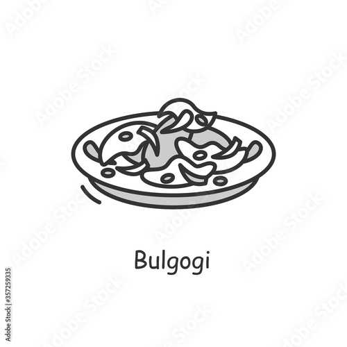 Bulgogi icon. Traditional korean fried beef outline sign on white. Asian food of beef marinated and grilled with rich meaty taste. Korean cuisine concept. Thin line vector illustration.Editable stroke