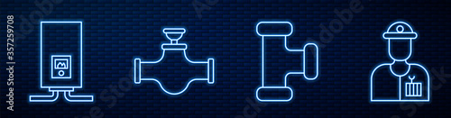 Set line Industry metallic pipe, Gas boiler with a burning fire, Industry pipe and valve and Plumber. Glowing neon icon on brick wall. Vector