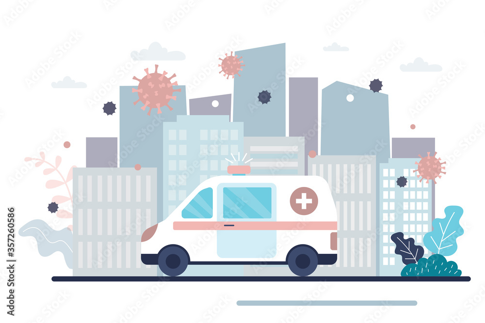 Ambulance van on city road. Doctors stop spread of virus and disease. Health care concept.