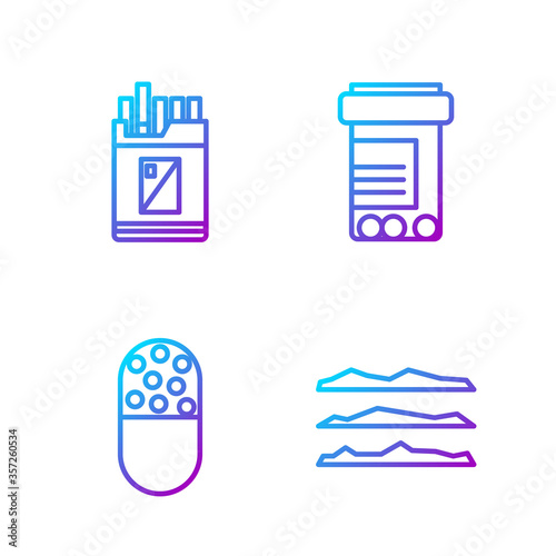 Set line Cocaine or heroin drug, Medicine pill or tablet, Open cigarettes pack box and Medicine bottle and pills. Gradient color icons. Vector