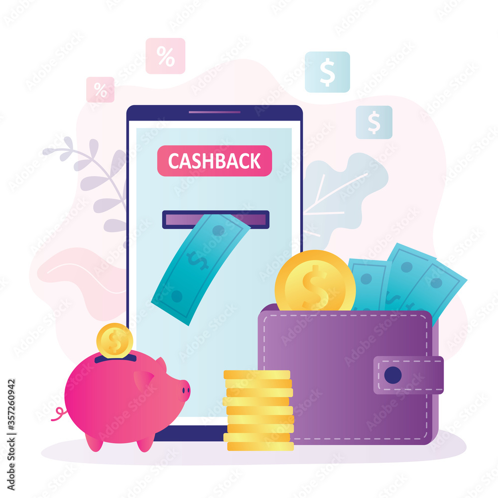 Obraz premium Cashback concept banner. Mobile phone, online banking app on screen. Wallet and piggy bank with money. Reward, marketing technology.