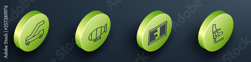 Set Isometric Passenger ladder for plane boarding, Airship, Airport board and Airplane seat icon. Vector