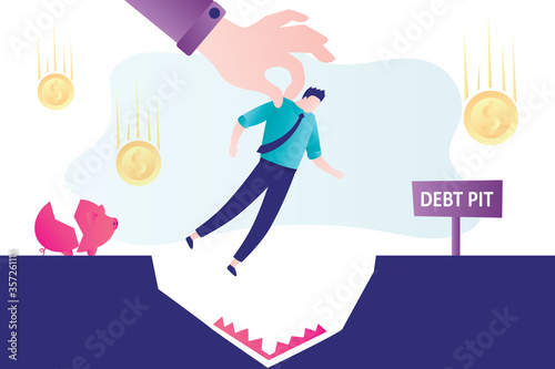 Big hand throws debtor into debt hole. Businessman bankrupt. Financial crisis, inflation and devaluation of money. Bankruptcy concept.