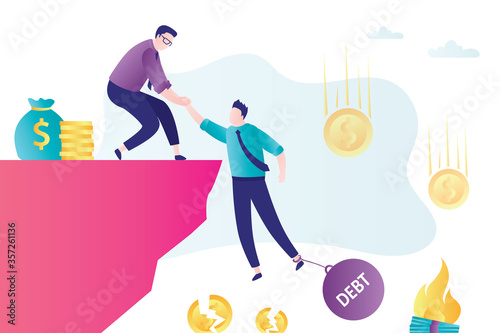 Businessman with debt load. Debt restructuring, bank clerk will save client. Bankruptcy and no money. Inflation and financial problems