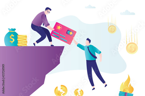 Bank agent give businessman credit card. Debt restructuring, bank clerk will save client. Bankruptcy and no money. Global recession.