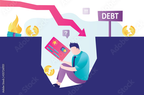 Unhappy man debtor hold credit card and sits in debt pit. Businessman bankrupt. Bankruptcy concept. Male character loser.