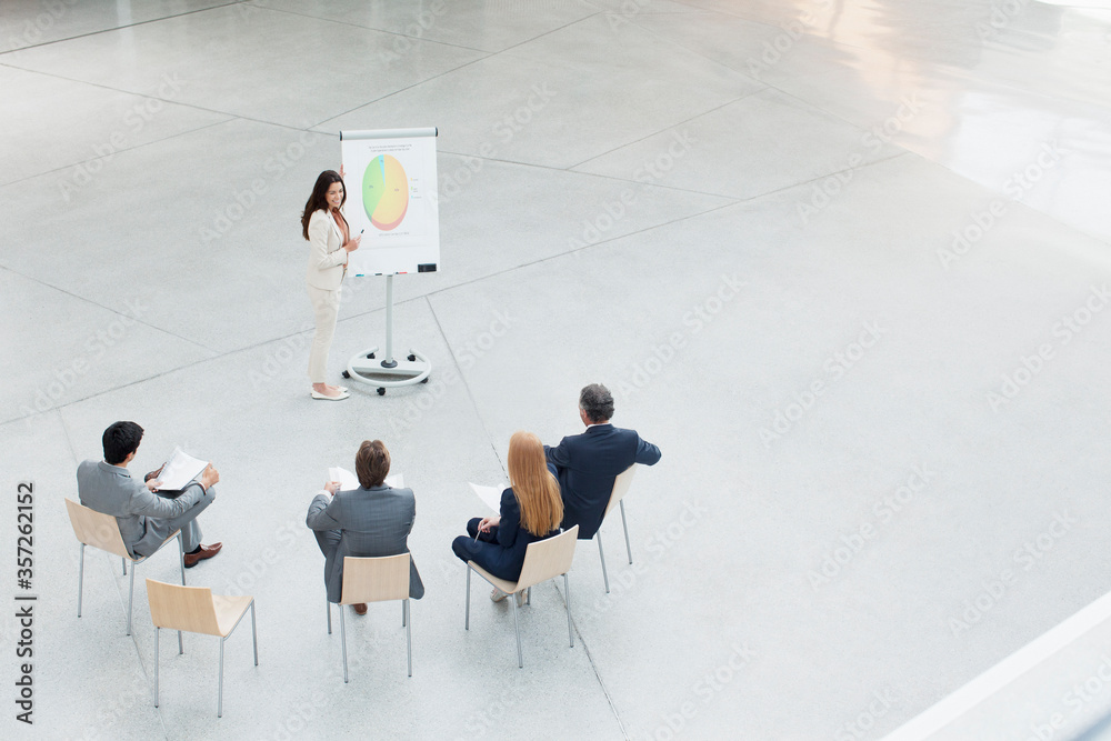 Fototapeta premium Businesswoman at flipchart leading meeting in lobby