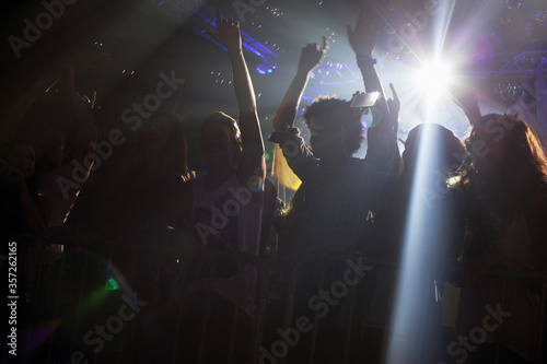 Spotlight above silhouette of crowd cheering at concert