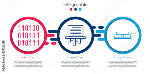 Set line Binary code, Paper shredder and Flasher siren. Business infographic template. Vector.