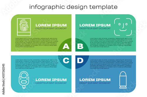 Set line Lock and key, Fingerprint, Bullet and Face recognition. Business infographic template. Vector.