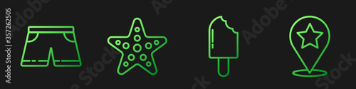 Set line Ice cream, Swimming trunks, Starfish and Map pointer with star. Gradient color icons. Vector.