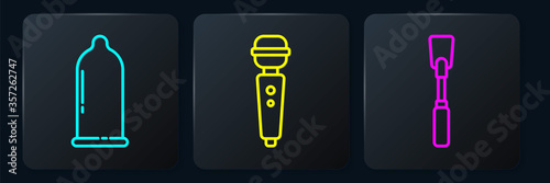 Set line Condom, Leather whip and Dildo vibrator. Black square button. Vector.