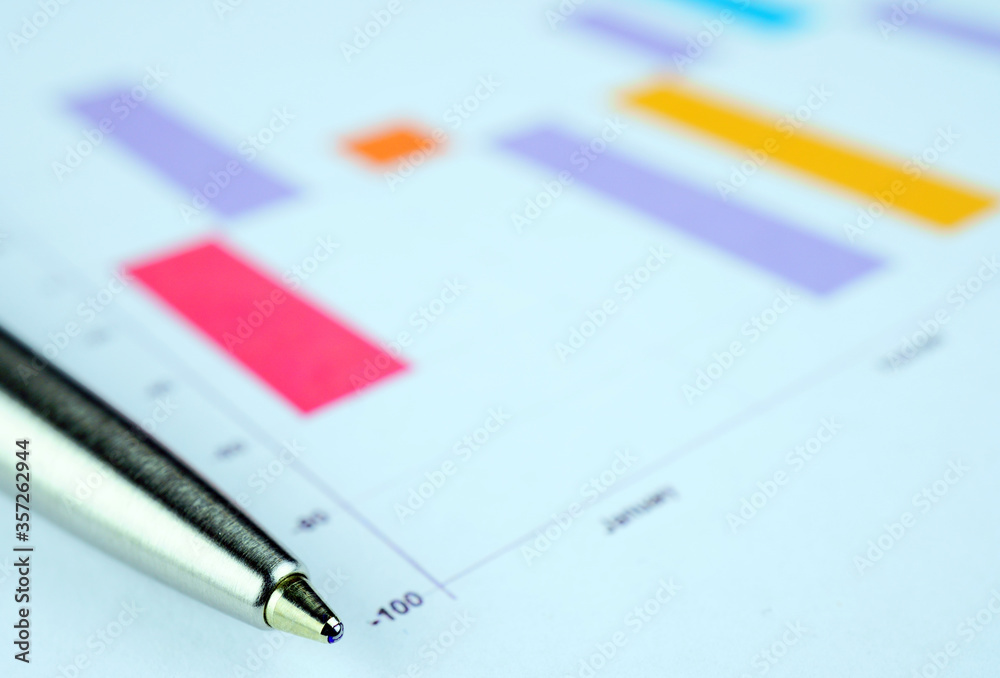 Trading chart and pen on a sheet of paper. Stock quotes in the form of a graph. Business project on paper. Profitable shares. Profit from financial activities. Risky business. Trading chart and pen on a sheet of paper. Stock quotes in the form of a graph. Business project on paper. Profitable shares. Profit from financial activities. Risky business.