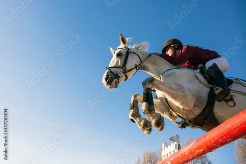 Low angle view of girl riding white horse while jumping over hurdle during training obstacle course against clear blue sky photo