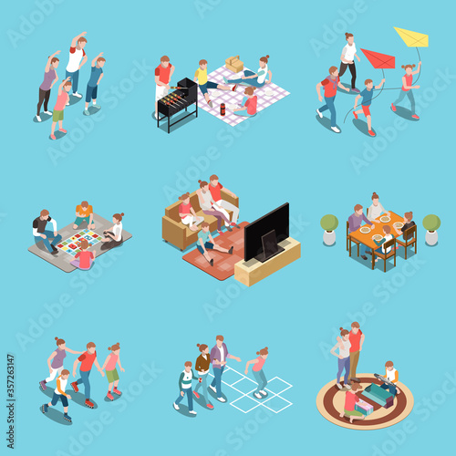 Family Leisure Activities Playing Isometric People Icon Set