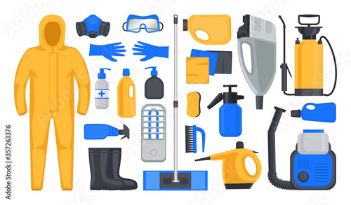 Set of items and equipment for disinfection and sanitation.  Suit  respirator  safety glasses  rubber gloves and boots  UV lamp  pump sprayer  steam and cold mist generators  antiseptic  disinfectant.