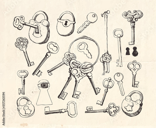 Key set,  hand drawn locks and keys