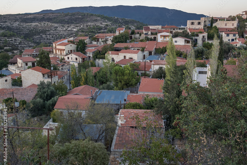 View of red tiles roofs in Lofou, a small, picturesque and hilly village in Lymassol district, Cyprus. 