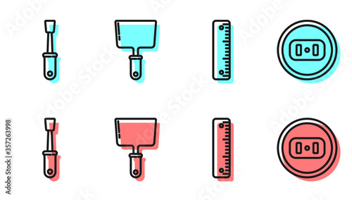 Set line Ruler, Screwdriver, Putty knife and Electrical outlet icon. Vector.