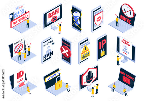 Isometric Internet Blocking Banned Website Icon Set 