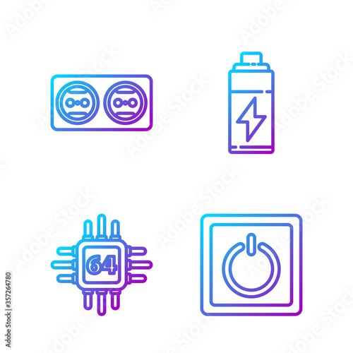 Set line Electric light switch, Processor with microcircuits CPU, Electrical outlet and Battery. Gradient color icons. Vector.