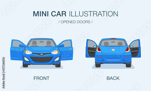New modern mini car with opened doors. Front and back view. Flat vector illustration.