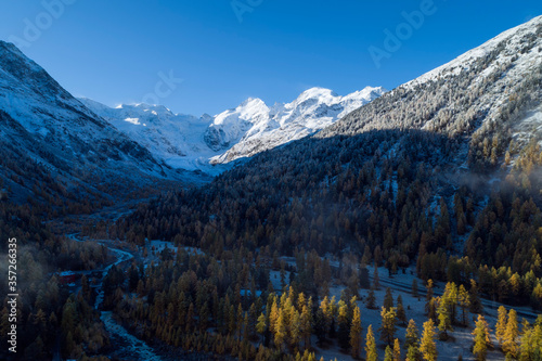 Switzerland, Canton of Grisons, Saint Moritz, Drone view of forested valley of?Morteratsch Glacier in autumn photo