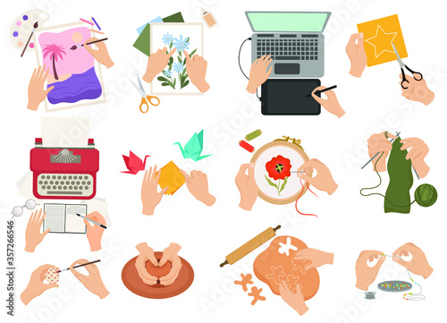 Set of different of handmade hobbies. Collection of human hands engaged in creativity top view. Hand craft. Color illustration of different types of needlework.