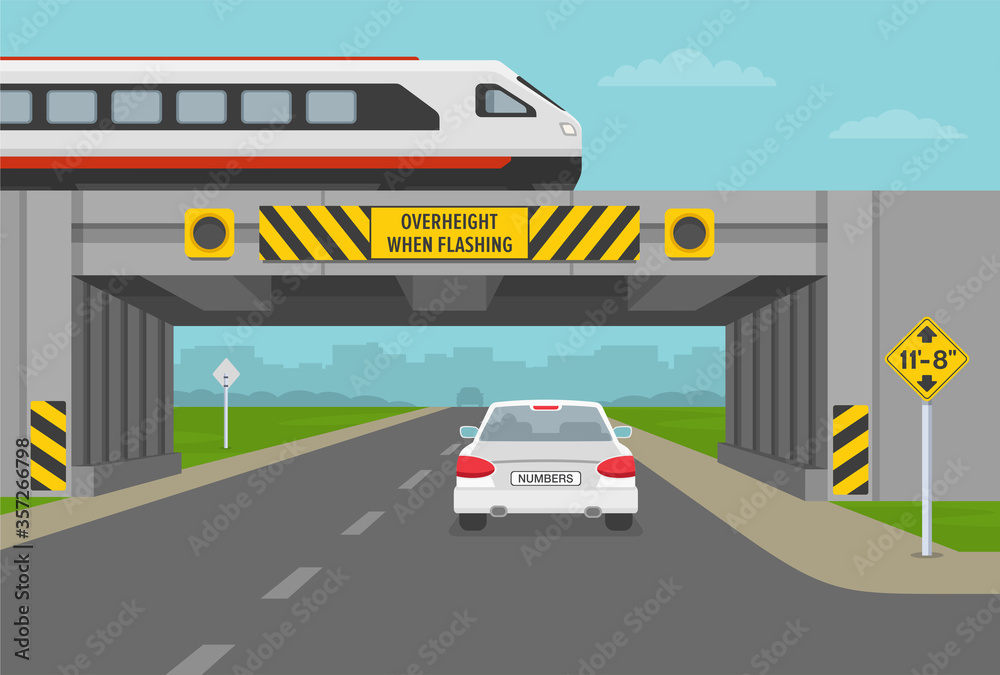 Driving a car. Train overpass with low bridge sign. Overheight with amber flashers. Flat vector illustration.