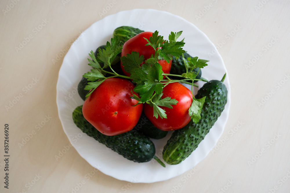 A top view of fresh tomatoes, sliced cucumbers and sprig of parsley on the white plate on the light table. Seasoning vegetables on a table. Healthy ingredient for salad. A top view of fresh tomatoes, sliced cucumbers and sprig of parsley on the white plate on the light table. Seasoning vegetables on a table. Healthy ingredient for salad.