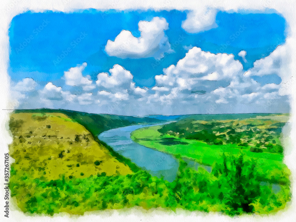 Obraz premium River green hills watercolor landscape Moldova blue sky panorama