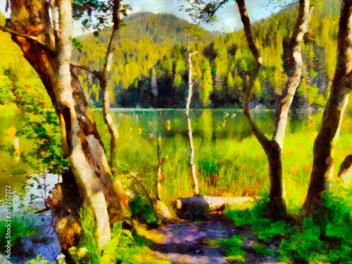 Trees in front of the lake oil painting