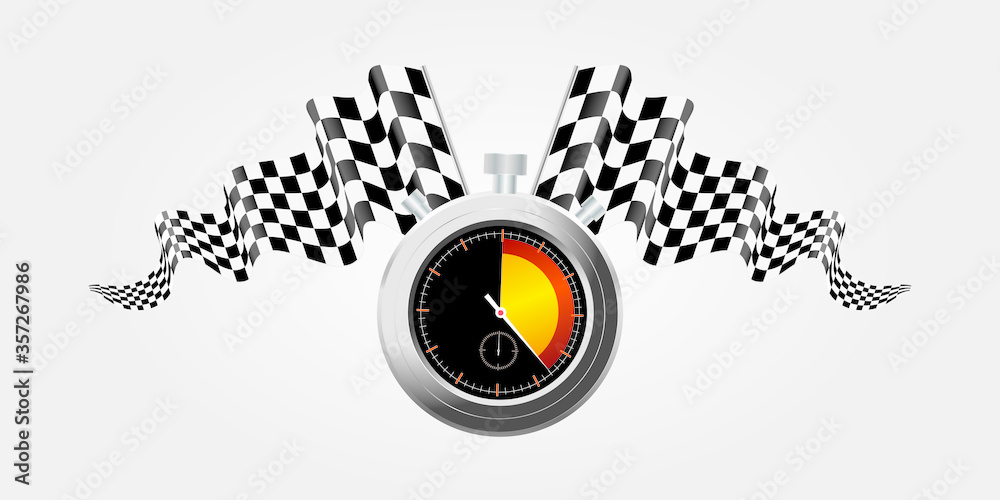 Obraz premium Waving checkered flag for racing competition on black background with a stopwatch. Vector illustration.