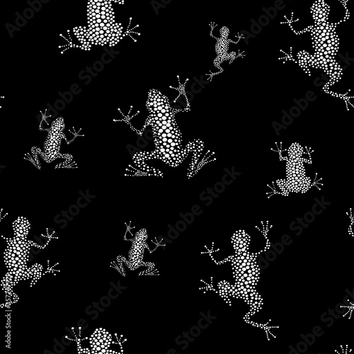 Seamless vector pattern with white dots frogs on a black background.