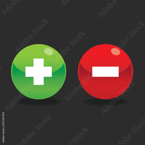 Glossy plus & minus round shape icons with shadow, shiny green plus and red minus infographic flat design pictogram vector for app web button ui ux interface elements isolated on black background
