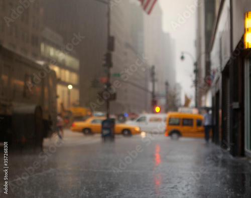 Blurred view of rainy city street