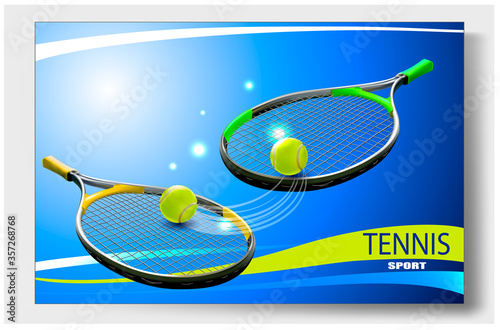 3 d Tennis Racquet. Vector Tennis Ball. A realistic object and sports background for posters, leaflets for world tennis competitions.Vector illustration.Sport equipment element.