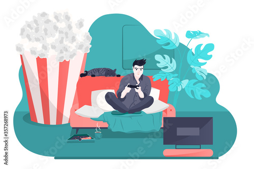 Playing video games on a game console. Vector flat illustration.