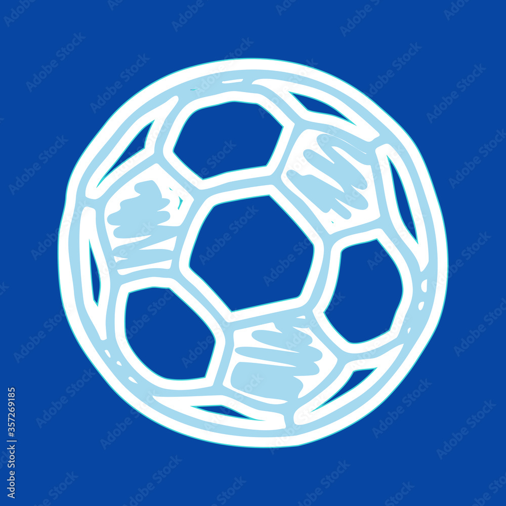 Naklejka premium Sticker. Cartoon soccer ball. Isolated icon drawn by hand. Vector illustration of a subject on a blue background. Doodle style. Element for scrapbooking, banners, cards, etc.