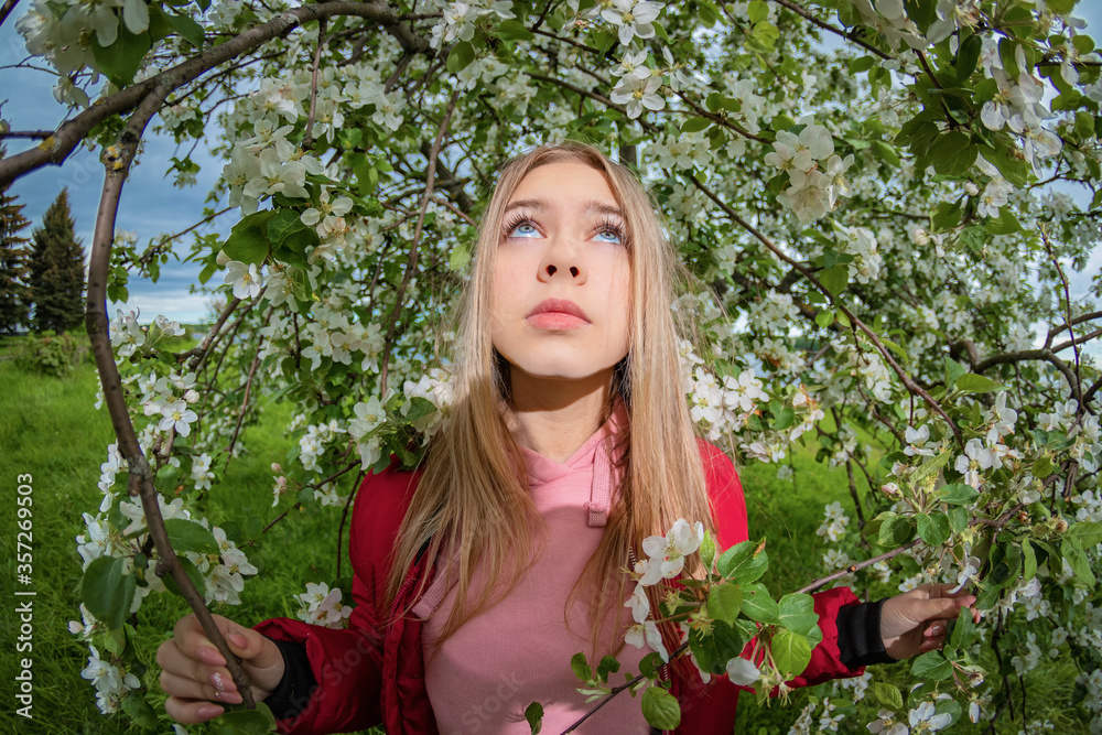 Portrait of a girl among the branches of a flowering Apple tree Portrait of a girl among the branches of a flowering Apple tree