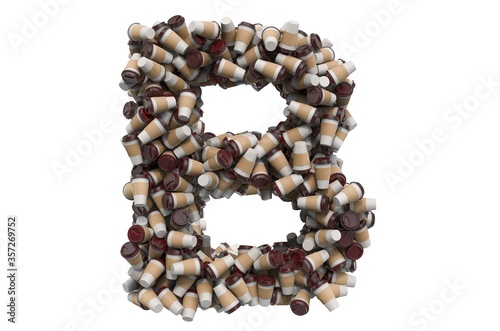 Letter B from disposable cups of coffee or tea, 3D rendering