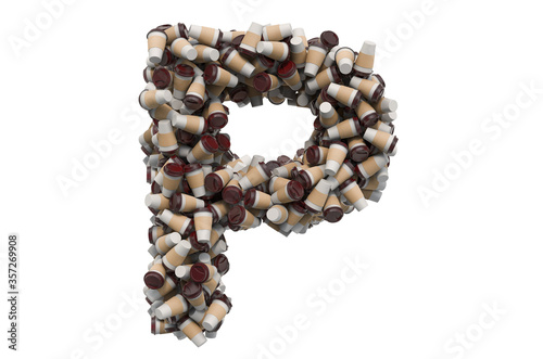Letter P from disposable cups of coffee or tea, 3D rendering