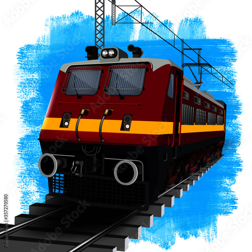 Illustration of awesome close front engine view of Indian train running on track