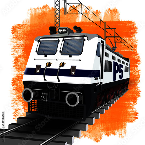 Illustration of awesome close front engine view of Indian train running on track