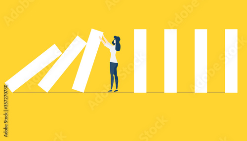 Assistance to business and entrepreneurship. Survive the financial crisis. Business concept with a girl who holds blocks. Save the business. Vector illustration.