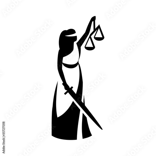 Lady justice. Statue of the blind goddess Themis in a toga with a sword, scales. Vector illustration, icon, logo. The concept of justice, law, justice, courts and lawyers.