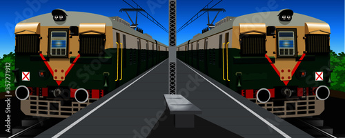 Illustration of a Indian passenger Local train passing through railway station